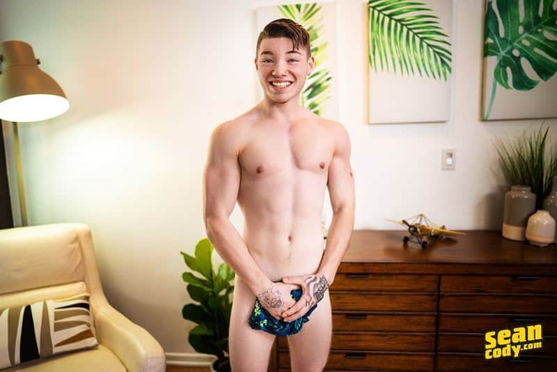 Sean Cody young hottie Conor strips naked swimshorts stroking huge dick spraying jizz six pack abs 005 gay porn pics - Sean Cody young hottie Conor strips out of his swimshorts stroking his huge dick spraying jizz all over his six pack abs